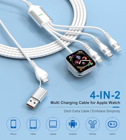 Multi Charging Cable for Apple Watch - 100W 10ft 4-in-1 Fast Charger with Lightning, USB C, Micro USB & Apple Watch Charger for iWatch, iPhone, MacBook Pro - White