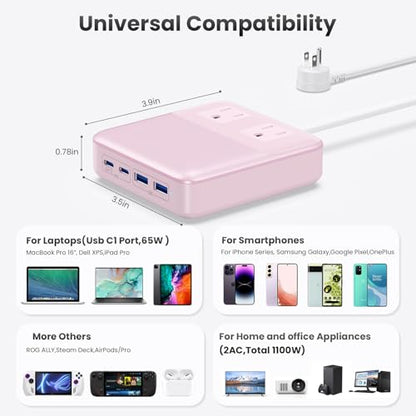 135W Charging Station USB C Power Strip,6-in-1 GaN USB C Charger Block with Plug &5ft Cord,2 AC,2 USB-A,2 USB-C,PD 65W Laptop Charger for MacBook,iPhone 16/15/14,Desktop Fast Charging for Home,Office