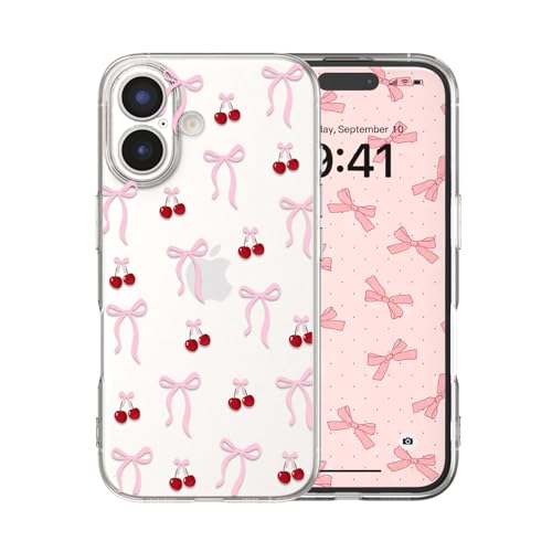 for iPhone 16 Plus Case, Ribbon | Cute Bow Cherry Aesthetic Clear Pattern Women Girls, Girly Transparent Soft Slim TPU Shockproof Protective Cover - color: Ribbon, size: for iPhone 16 Pro