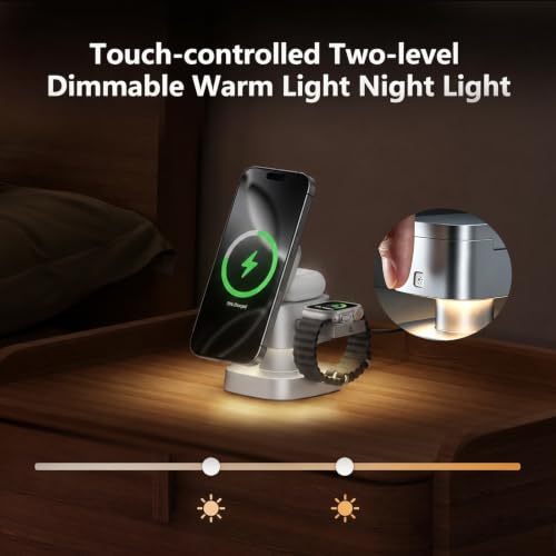 4 in 1 Charging Station for Apple Devices, 3 in 1 Wireless Charger Stand with Night Light for iPhone 17/16/15/14/13/12 Pro Max, Watch AirPods, 15W MagSafe Magnetic Charging for Bedroom Office - color: Titanium‑Gray