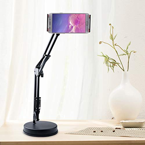 Overhead Phone Mount Stand ChromLives Phone Video Stand Articulating Arm Phone Mount Table Top with Base Adjustable 360° Cell Phone Tablet Holder Mount Desktop Compatible with Phones, Tablets, iPad - color: Black2
