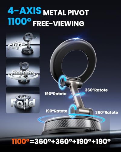 Upgraded Car Phone holder for Magsafe [120LBS Suction Cup & 3000gf Magnet ] 1100° Adjustable Vacuum Magnetic Phone Holders for Your Car, Dashboard Car Mount Bracket for iPhone & Android, Carbon Fiber - color: Black