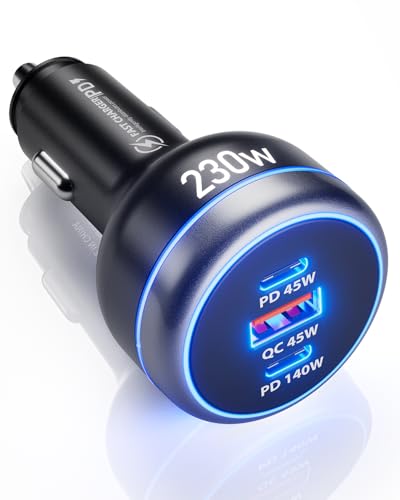 230W Car Charger USB C Fast Charge, PD 140W USB C Car Charger, 3-Port Cigarette Lighter USB Charger Adapter 12V-24V, Compatible with iPhone 17/16/15 MacBook iPad Laptop Samsung S25
