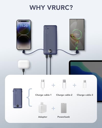 VRURC Portable Charger Built-in Cables and AC Wall Plug, USB C Power Bank 10000mAh, Travel Battery Portable Phone Charger Compact Lightweight External Battery Pack for Smart Phones, Tablets etc-Navy - color: Navy