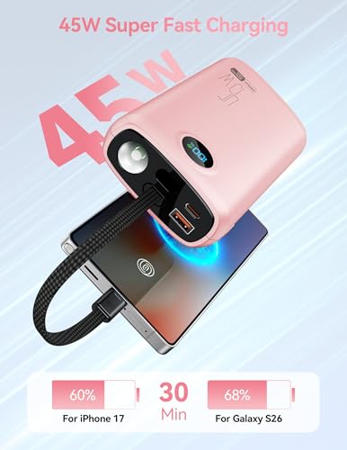 DIAMUAR Portable Charger 20000mAh 45W, Built in USB C Cable, 3W Flashlight - color: Pink