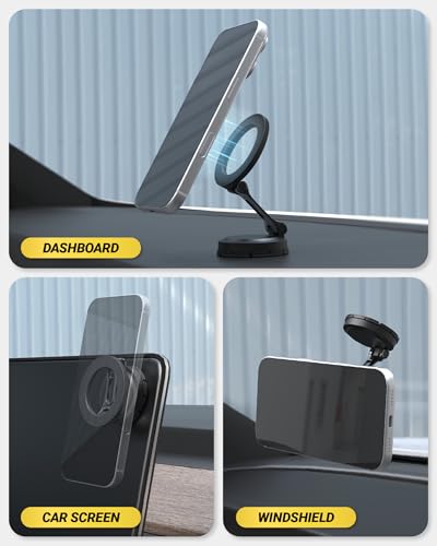 Scosche MagSafe Car Mount, Magnetic Phone Holder for Car Dashboard & Windshield with Foldable Arm, Adhesive Swivel Base with 360° Rotation, Compatible with iPhone 17/16/15/14/13/12 and PopSockets