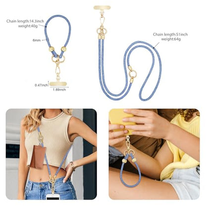 Crystal Phone Strap Crossbody and Wrist Lanyard, Anti Theft Layered & Wrist Strap Cell Phone Neck for Women - color: Light Blue Crystal