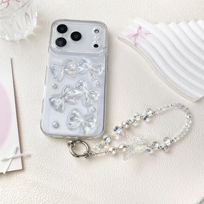 Beaded Phone Wrist Strap,Crystal Glitter Cute Butterfly Keychain Wristlet,Phone Chain Wristlet Purse Bag Charms - color: White