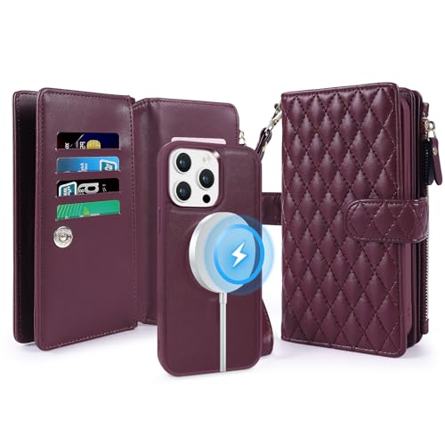 for iPhone 14 Pro Max Case Wallet,Compatible with MagSafe 2 in 1 Magnetic Detachable PU Leather RFID Blocking Wallet Cover Card Holder Zipper Wrist Strap Lanyard,Quilted Wine Red - color: Quilted Wine Red, size: iPhone 14 Pro Max