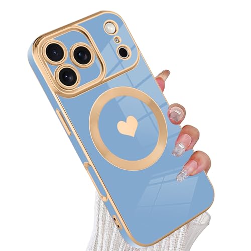 tharlet Magnetic for iPhone 17 Pro Case Cute Love Heart Luxury Plating | [Compatible with Magsafe] with Full Camera Lens Protection and screen protector, Gift giving & daily matching Blue - color: Blue Love Heart, size: iPhone 17 Pro