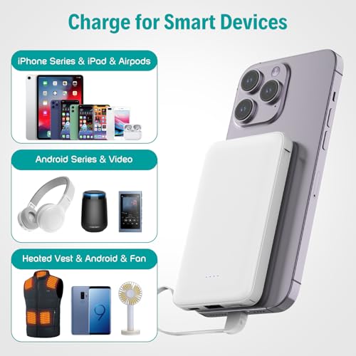 Sethruki Smallest Portable Charger with Built-in Cables 5000mAh,Ultra Slim Power Bank,Mini High Speed External Battery Packs,Lightweight USB C Phone Charger for iPhone Samsung Google Android (White) - color: white
