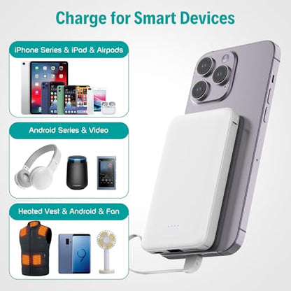 Sethruki Smallest Portable Charger with Built-in Cables 5000mAh,Ultra Slim Power Bank,Mini High Speed External Battery Packs,Lightweight USB C Phone Charger for iPhone Samsung Google Android (White) - color: white