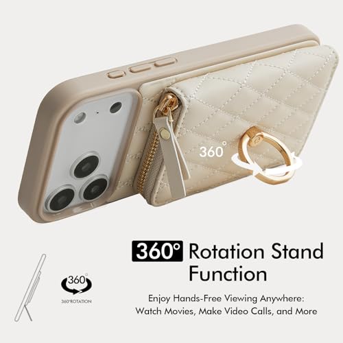 ZVE for iPhone 17 Pro Max Case Wallet with Card Holder, 360° Rotation Ring Stand Crossbody Wallet Cover 6.9 Inch-Beige - color: Beige, size: iPhone 17 Pro Max 6.9''