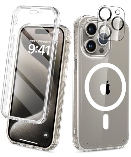 Magnetic for iPhone 15 Pro Case Built-in Screen Protector, Clear | with Camera Lens Protector, [Compatible with MagSafe] Full Body Phone Case, Protective Cover for iPhone 15Pro 6.1" - color: Clear, size: iPhone 15 Pro 6.1"