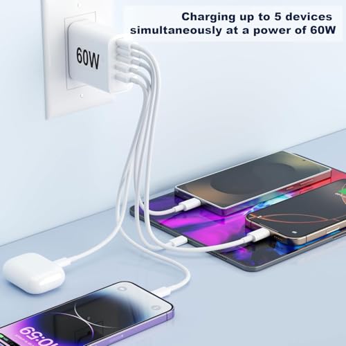 USB C Charger Fast Charging, 5 Port Multi USB C & A Wall Charger Block with 4FT and 6FT Long Type C Cable, 60W PD Power Adapter for iPhone 17/16/15,Samsung Galaxy S26/Z Fold7/C55/A52