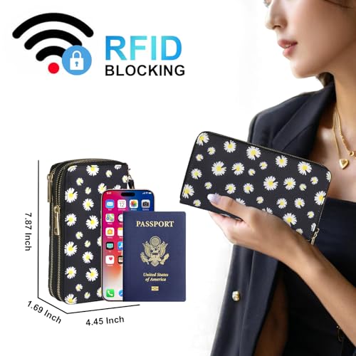 RFID Blocking Cellphone Wallet for Women with Wrist Strap, Double Zipper Travel Clutch Purse Large Capacity, Daisy - color: Black Daisy