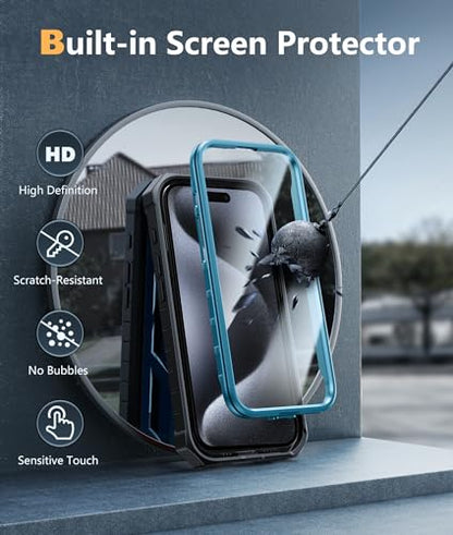 FNTCASE for iPhone 15 Pro Max Case, Built-in Screen Protector, Kickstand | Military-Grade Drop Protection, Anti-Slip Matte Textured, Rugged Heavy Duty Shockproof TPU Protective Cover - color: Blue