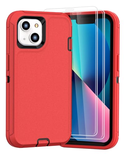 Compatible with iPhone 13& iPhone 14 Case [2 Screen Protectors ] Military Grade Full Body Cover, Heavy Duty Shockproof Drop Proof Protection Case 6.1"(red Black) - color: red black