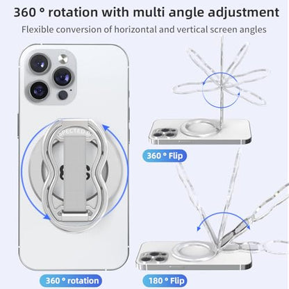 RESPECTED-BRO-Magnetic-Phone-Grip-Stand-with-Finger-Strap, 4-in-1 Magnetic Ring Holder, Kickstand and Elastic Strap for Phones, Universal Fit for iPhone 17/16/15/14/13/12, Android, and Cases (Silver) - color: Silver