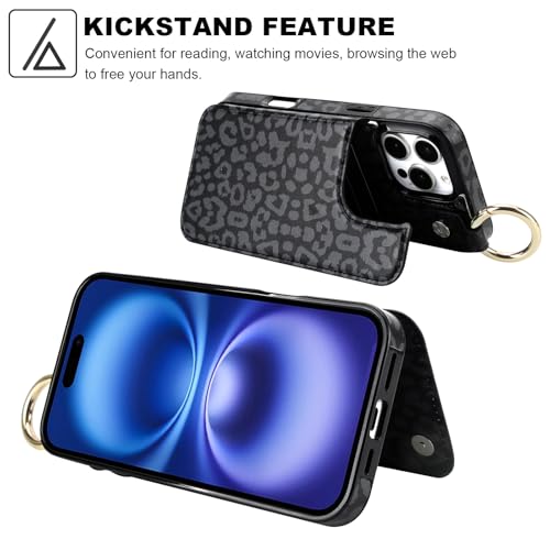 HAOPINSH for iPhone 16 Pro Max Wallet Case with Card Holder, Black Leopard Cheetah Print Back Flip Folio PU Leather Kickstand Card Slots Case, Finger Grip Ring Double Magnetic Clasp Shockproof 6.9" - color: Blue Florals Grip Ring