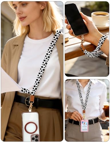Phone Lanyard Crossbody Strap, Adjustable Neck Strap and Wristlet Strap for Phone Wallet ID Badge with 2 Phone Tabs - color: Cow Print