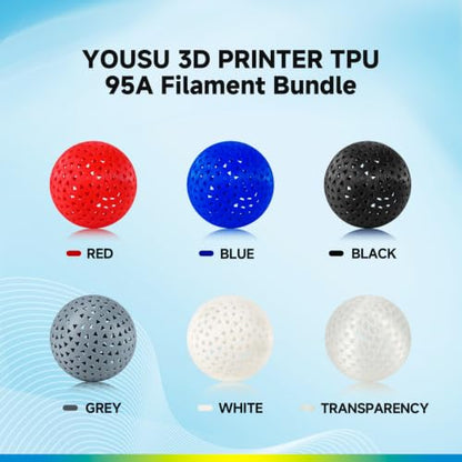 YOUSU 95A TPU Filament 1.75mm 6 Pack 1kg Spools, Flexible Soft 3D Printer Filament, Clog-Free Tangle-Free, High Elasticity, Fit Most FDM Printers for Makers & DIY Projects - color: E5-tpu 6*1kg, size: E- TPU