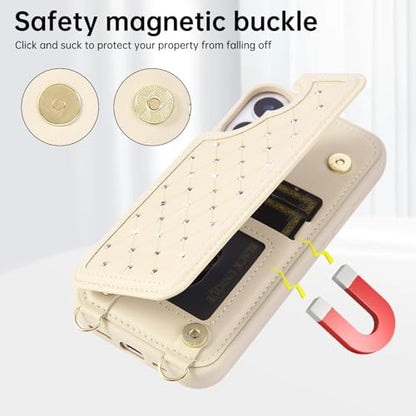 for iPhone 17 Wallet Case with Card Holder Slots and Strap, RFID Blocking Magnetic Flip Folio Cover, Crossbody Purse Protection Case with Kickstand,Beige Diamond - color: Beige Diamond, size: iPhone 17(6.3")