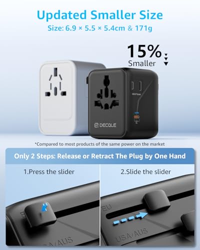 “Pro” Universal Travel Adapter 3 USB-C＆ 2 USB-A Cover 200+ Countries - color: Black, size: 3C+2A 70W