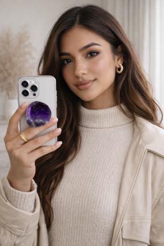 Grips by CRYSTALFY Crystal Phone Grip Holder & Expanding Kickstand-Natural Gemstone Swappable Top Accessory Compatible with iPhone, iPad, Kindle & Mobile Devices (Amethyst Natural Edge, Adhesive) - color: Amethyst Natural Edge, style: Adhesive