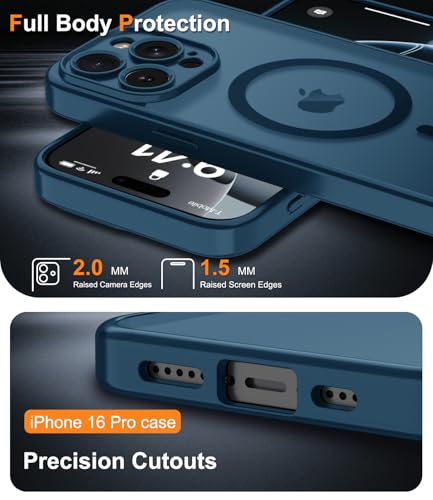 Magnetic Case for iPhone 16 Pro Case with Screen Protector+Wrist Strap | Compatible with MagSafe,Full Camera Protection,Slim Translucent Matte Phone Cover,Deep Blue - color: Deep Blue