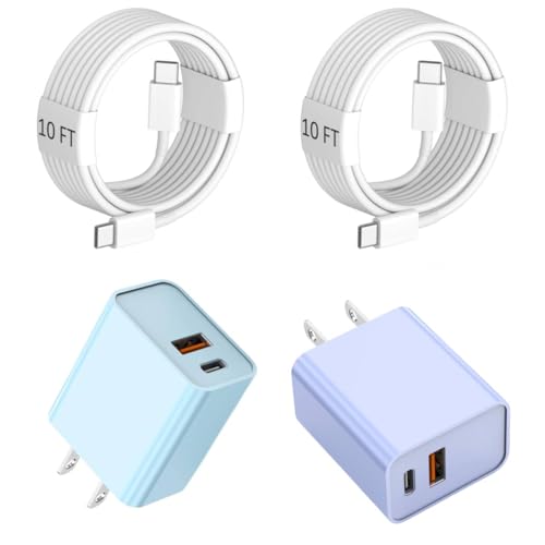 10 Foot Fast iPhone Charging Cable,2Pack 20W Dual Port USB C+A Wall Charger - color: Purple/Blue