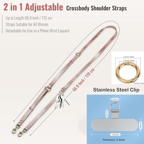 Clip and Go Phone Strap Crossbody Wrist 2 in 1 Leather Lanyard with Tether Hanging Loop Adjustable Anti-Theft Purse Replacement Handbag Long Thin Shoulder Neck Straps for All Phones Key Bags Rose Gold - color: Rose Gold