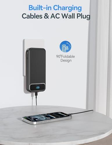aonidi Portable Charger 20000mAh with Built-in Cables&AC Wall Plug, Black - color: Jet Black
