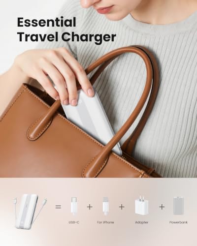 Fast Charging Power Bank, USB C Portable Charger Built-in Cables and Wall Plug, 10500mAh 22.5W 4 Outputs 3 Inputs LED Display External Battery Pack Compatible with iPhone/Android (White) - color: White