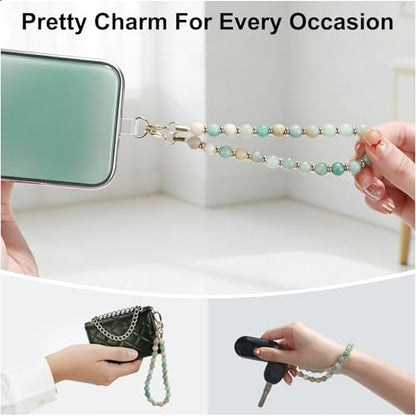 TEAMOLA Natural Stone Phone Charm - Crystal Phone Beaded Wrist Strap - color: Green & Blue