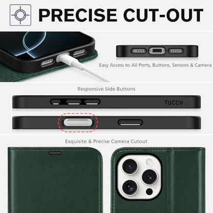 TUCCH Wallet Case for iPhone 16 Pro Max 6.9" 2024, 4 Card Slots, Evergreen | RFID Blocking, Viewing Stand, Shockproof TPU Shell, PU Leather, Magnetic Closure, Protective Folio Flip Cover - color: Evergreen