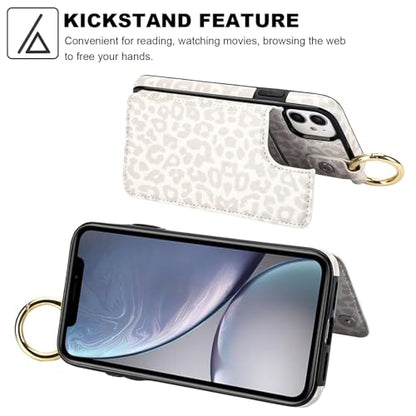 HAOPINSH for iPhone 11 Wallet Case with Card Holder, White Leopard Cheetah Print Back Flip Folio PU Leather Kickstand Card Slots Case, Finger Grip Ring Double Magnetic Clasp Shockproof 6.1" - color: White Leopard Grip Ring