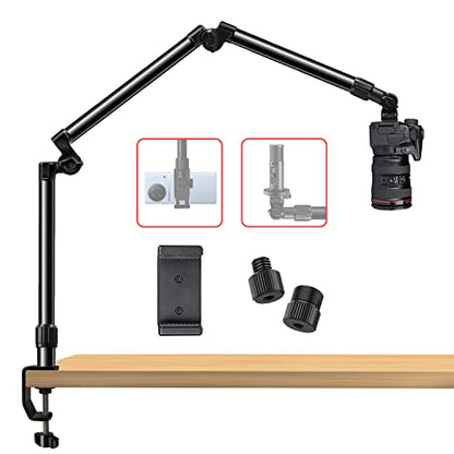 Overhead Camera Mount Desk Stand, Bearing 18lb, Base& Top 360° Adjustable, with 1/4“ 3/8" 5/8" Screw, 3-Section Flexible Articulating Metal Arm for DSLR Camera/Webcam