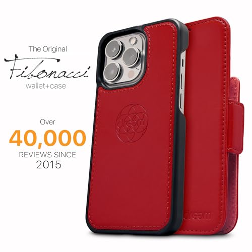 Dreem Vegan Leather Magnetic Detachable Wallet Case for iPhone 13 Red | Built-in Phone Stand, RFID Blocking Card Holder Flip Cover, MagSafe Compatible, Gift Box [Fibonacci: Red] - color: Red, size: iPhone 13