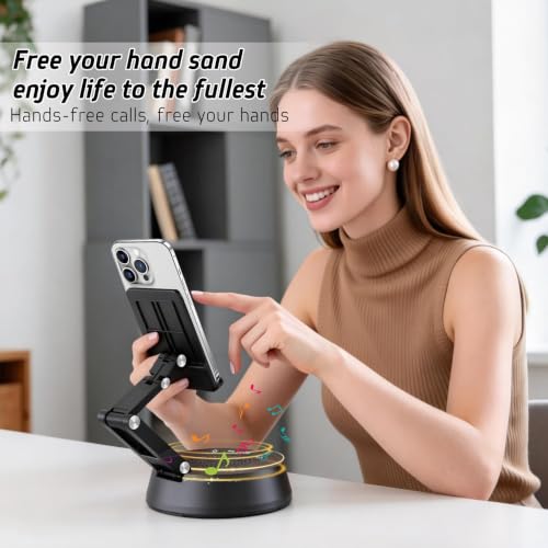 Cell Phone Stand with Wireless Bluetooth Speaker,Adjustable Height and Angle Phone Stand for Desk, HD Stereo Sound & Anti-Slip Base Phone Holder Speaker Compatible with iPhone,Gifts for Men Women