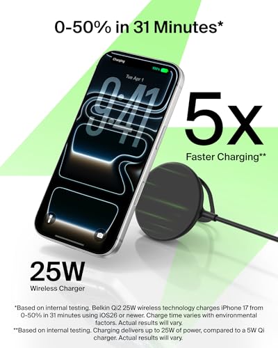 Belkin Qi2.2 25W Wireless Charger Fast Charging Pad with Kickstand - color: Black, style: Power Supply Included