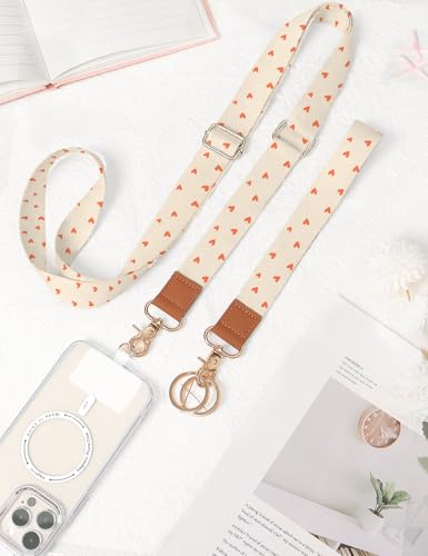 Phone Lanyard Crossbody Strap, Adjustable Neck Strap and Wristlet Strap for Phone Wallet ID Badge with 2 Phone Tabs - color: Orange Love Hearts