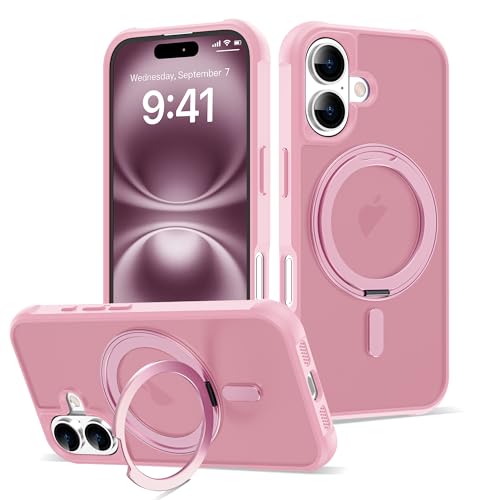 for iPhone 16 Case with 360° Rotatable Magnetic Ring Stand [Compatible Mag-Safe] [Military Grade Protection] Translucent Matte Phone Cases for Women Men 6.1'', Pink - color: Pink, size: Iphone 16