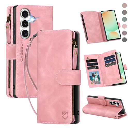 for Samsung Galaxy S24-FE-Wallet Case: with RFID Blocking Card Slots (6 Cards) | Soft PU Leather Magnetic Snap Zipper Pocket | Crossbody Wrist Strap Protective Phone Cover - Pink - color: Pink, size: Galaxy S24 FE（6.7‘’）