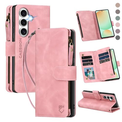 for Samsung Galaxy S24-FE-Wallet Case: with RFID Blocking Card Slots (6 Cards) | Soft PU Leather Magnetic Snap Zipper Pocket | Crossbody Wrist Strap Protective Phone Cover - Pink - color: Pink, size: Galaxy S24 FE（6.7‘’）