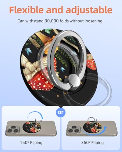 Toycamp Magnetic Phone Grip - Compatible with MagSafe Phone Grip Ring Stand for iPhone 17/16/15/14/13/12 Series Black Background Mushroom Cute Phone Ring Holder Grip for Women Girls - color: Mushroom