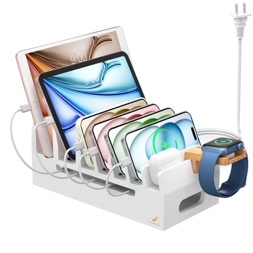 Bamboo Charging Station with 5 Port Charger HUB & 5 Cables-White - color: White