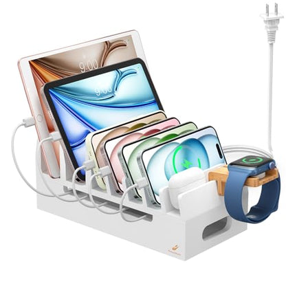 Bamboo Charging Station with 5 Port Charger HUB & 5 Cables-White - color: White