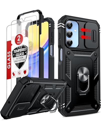 LeYi for Samsung Galaxy A15-5G Phone Case Heavy Duty Magnetic Stand Black | Galaxy A15 5G [2 Packs] Screen Protector, Slide Camera Cover Funda para Cell Galaxi A 155G Android Mobile Unlocked, Black - color: Black, size: Galaxy A15 (6.5'')