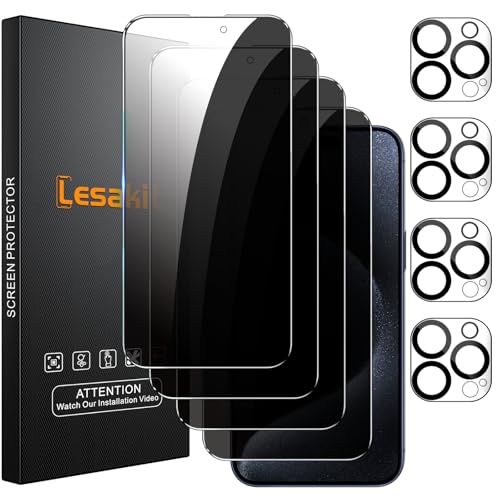 Lesakit 4+4 Pack Privacy Screen Protector for iPhone 15 Pro 6.1-Inch with 4 Pack Camera Lens Protector, Anti Spy Tempered Glass Film 9H Hardness Case Friendly - size: iPhone 15 Pro